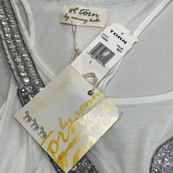 NWT Torn by Ronny Kobo Long White Tank with Rhinestones Racer Back SZ L - Picture 9 of 11